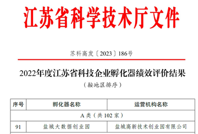 鹽城大數據創業園榮獲省級科技企業孵化器“優秀”等次，江蘇數字經濟發展再添新動能